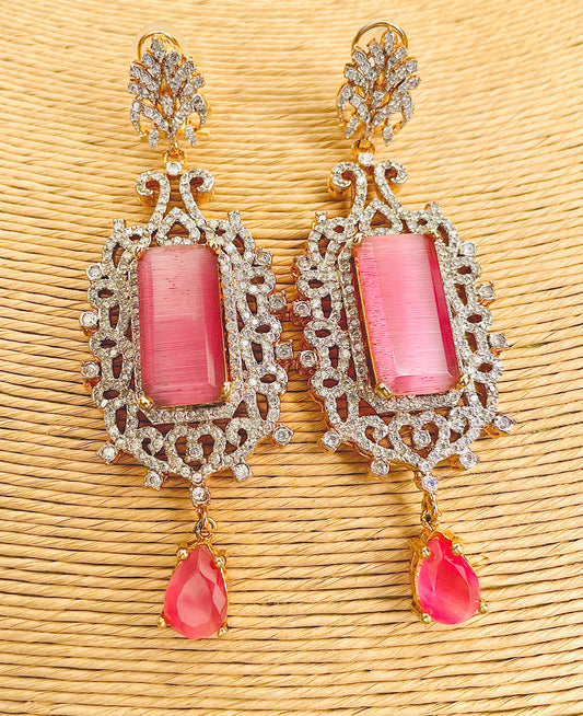 Stunning Pink Rose Quartz Stone And American Zirconia Earrings