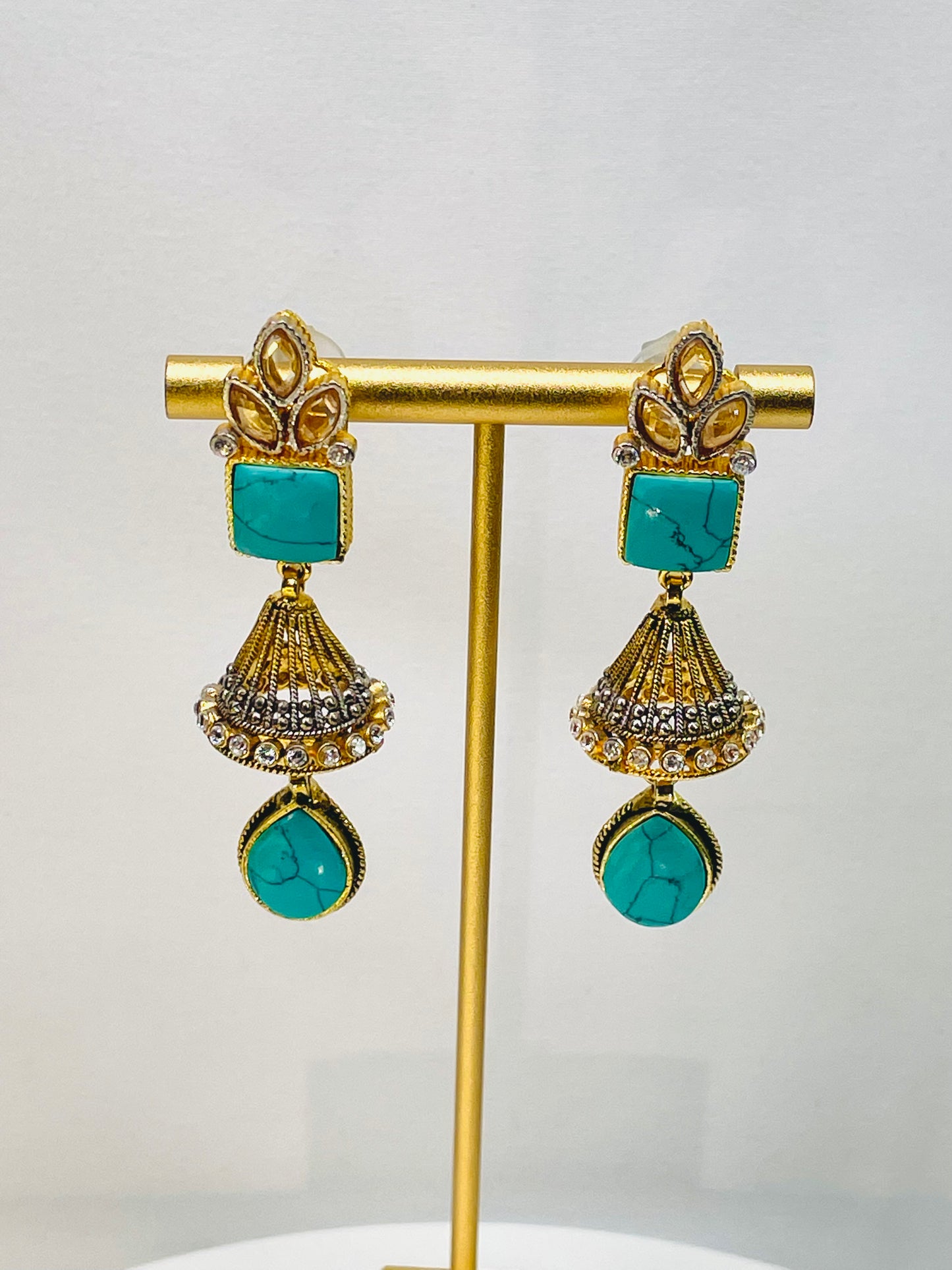 Handcrafted Gold And Turquoise Stone Earrings
