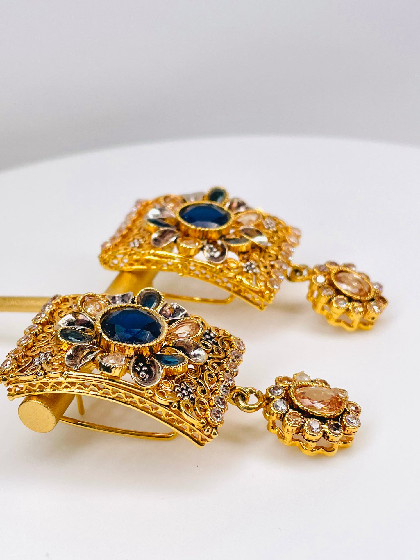 Antique Gold Polished Sapphire And Champagne Stone Earrings
