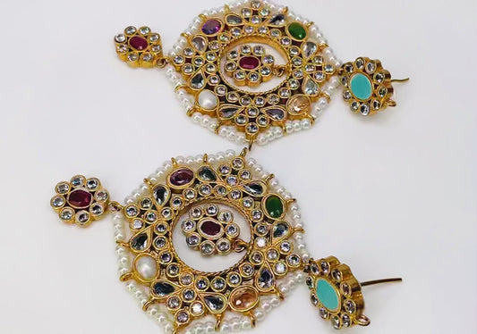 Multi Coloured Stones And Kundan Earrings