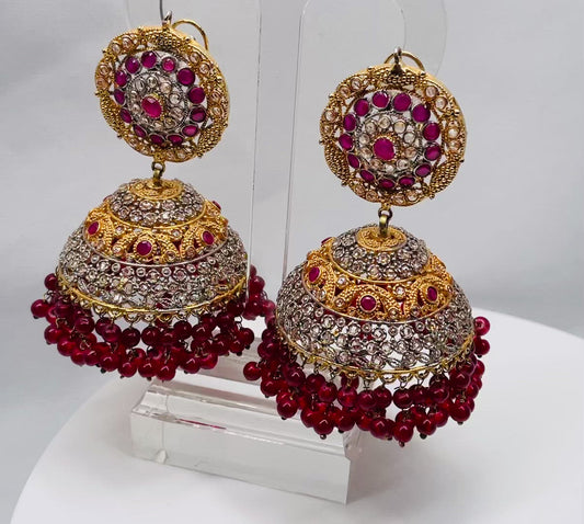 Rustic Gold and Ruby Jhumka Earrings