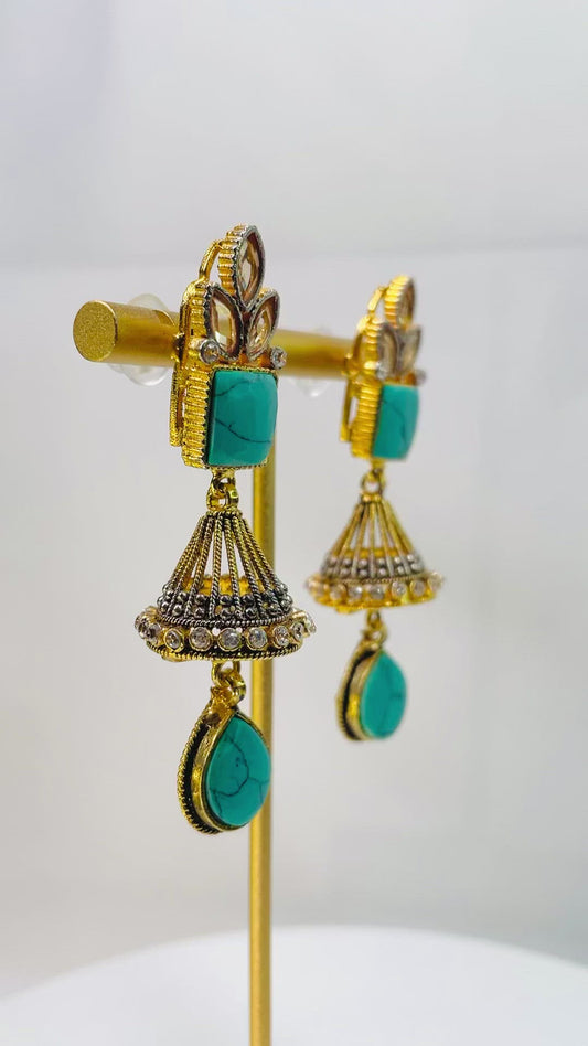 Handcrafted Gold And Turquoise Stone Earrings