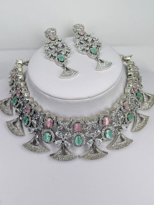 Elegant And Mesmerising Mint And Pink Stone Choker Set