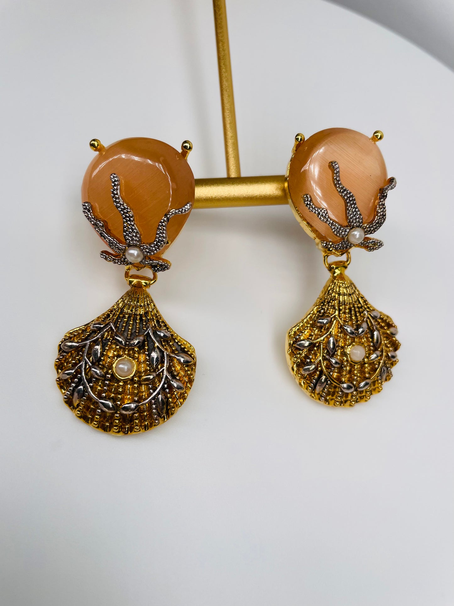 Peach and Gold Seashell Earrings