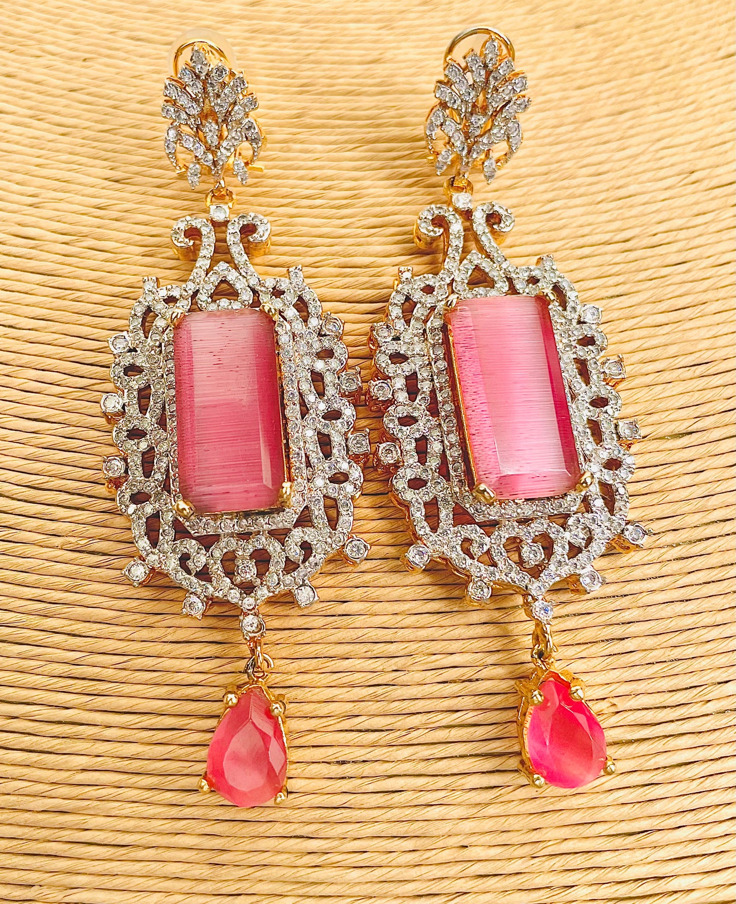 Stunning Pink Rose Quartz Stone And American Zirconia Earrings