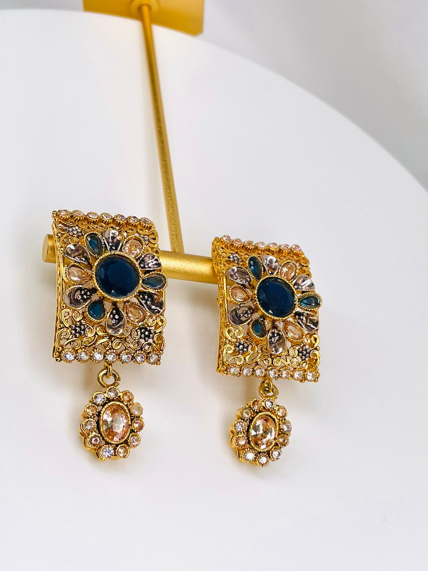 Antique Gold Polished Sapphire And Champagne Stone Earrings