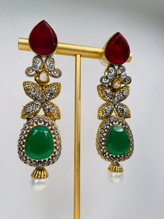 Royal Inspired Ruby Red And Emerald Green Earrings