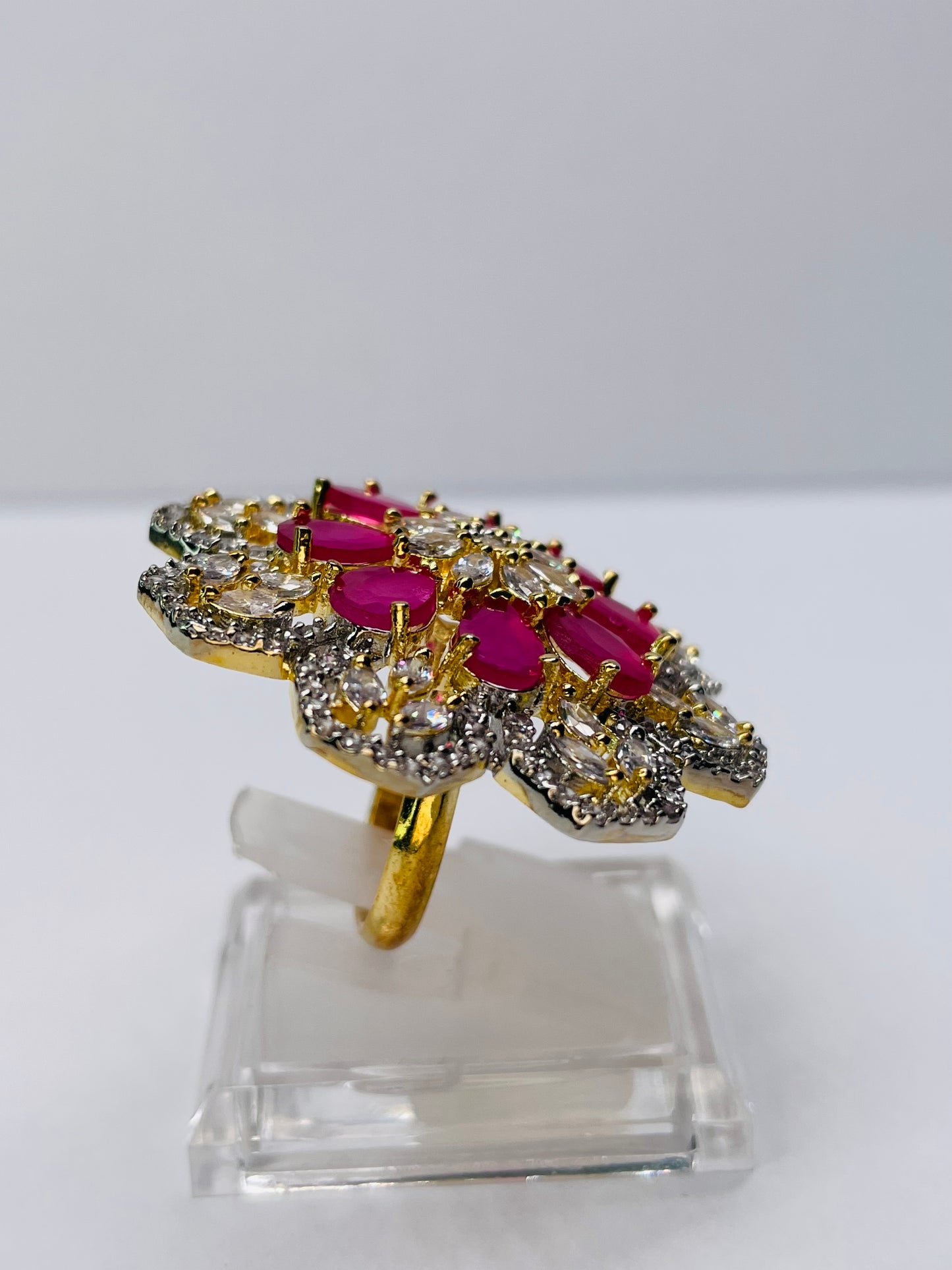 Statement Magenta Stone And Cubic Zirconia Adjustable Ring