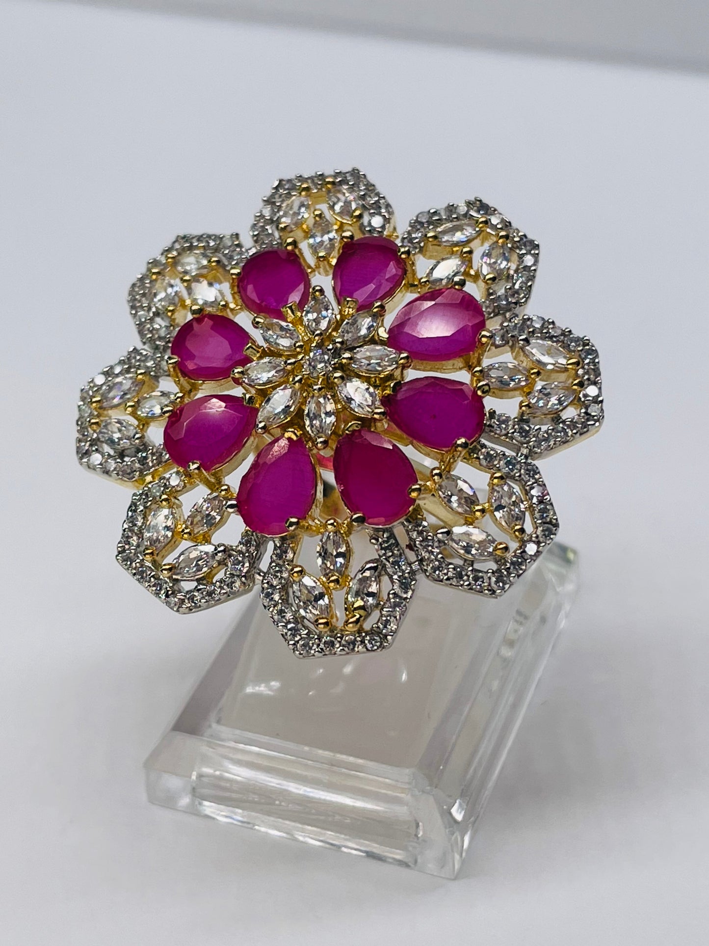 Statement Magenta Stone And Cubic Zirconia Adjustable Ring