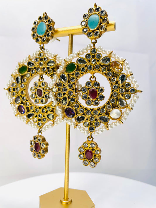 Multi Coloured Stones And Kundan Earrings
