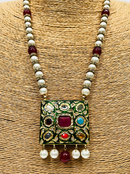 Handcrafted Double Sided Menakari Necklace With Pearls
