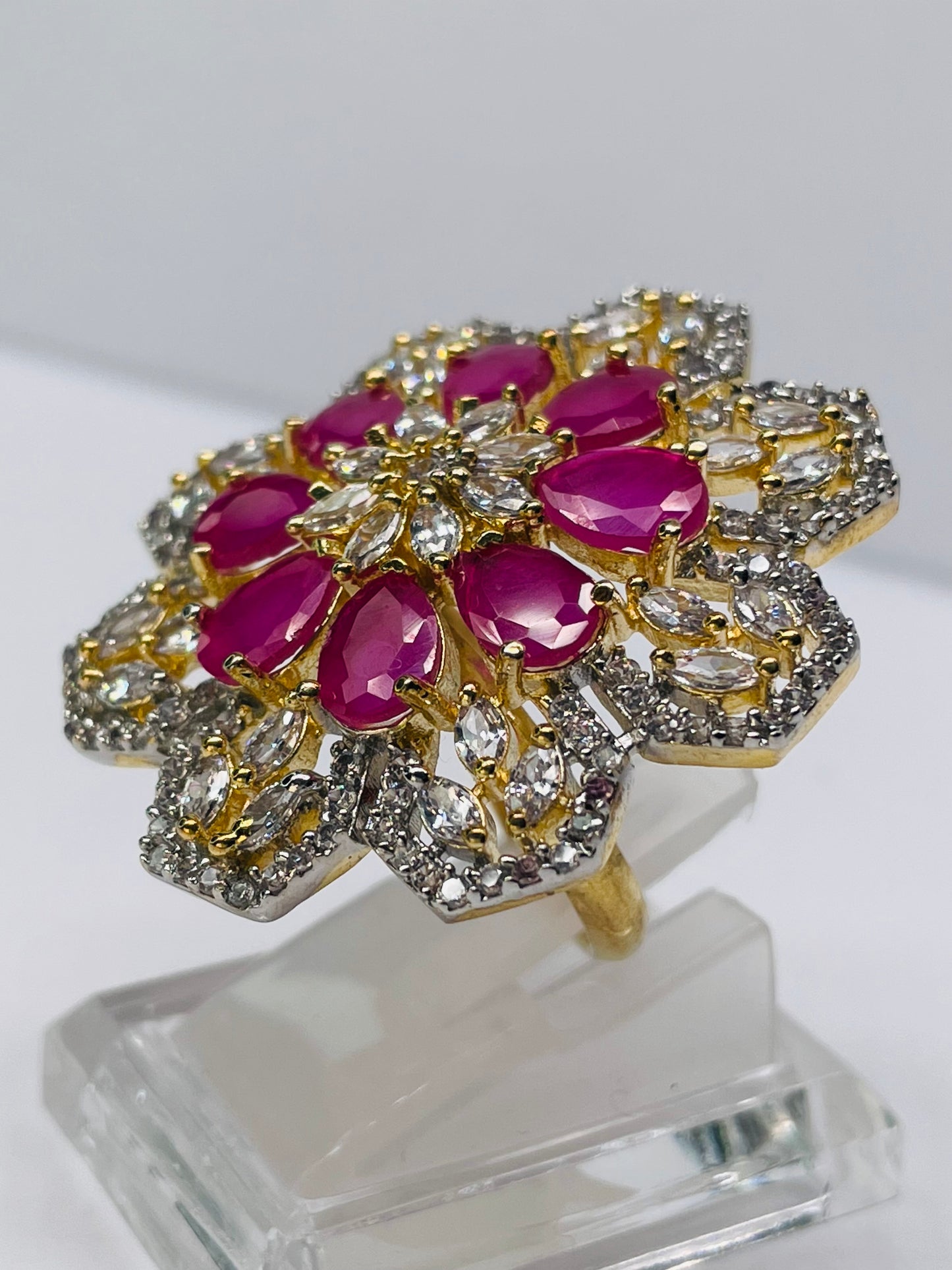 Statement Magenta Stone And Cubic Zirconia Adjustable Ring