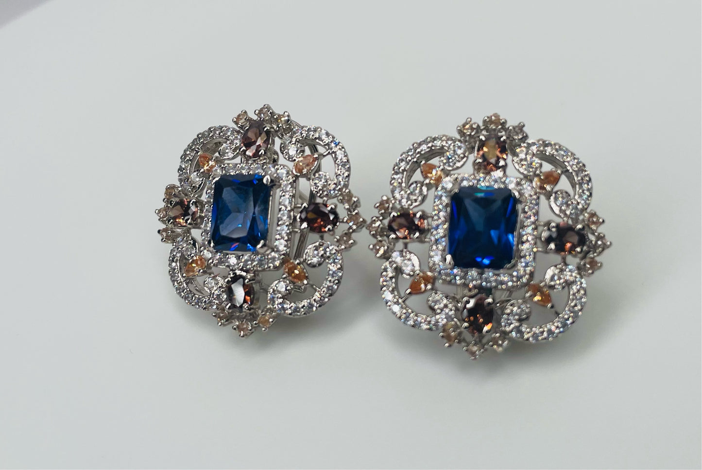 Sapphire and Cubic Zirconia Rhodium Plated Earrings