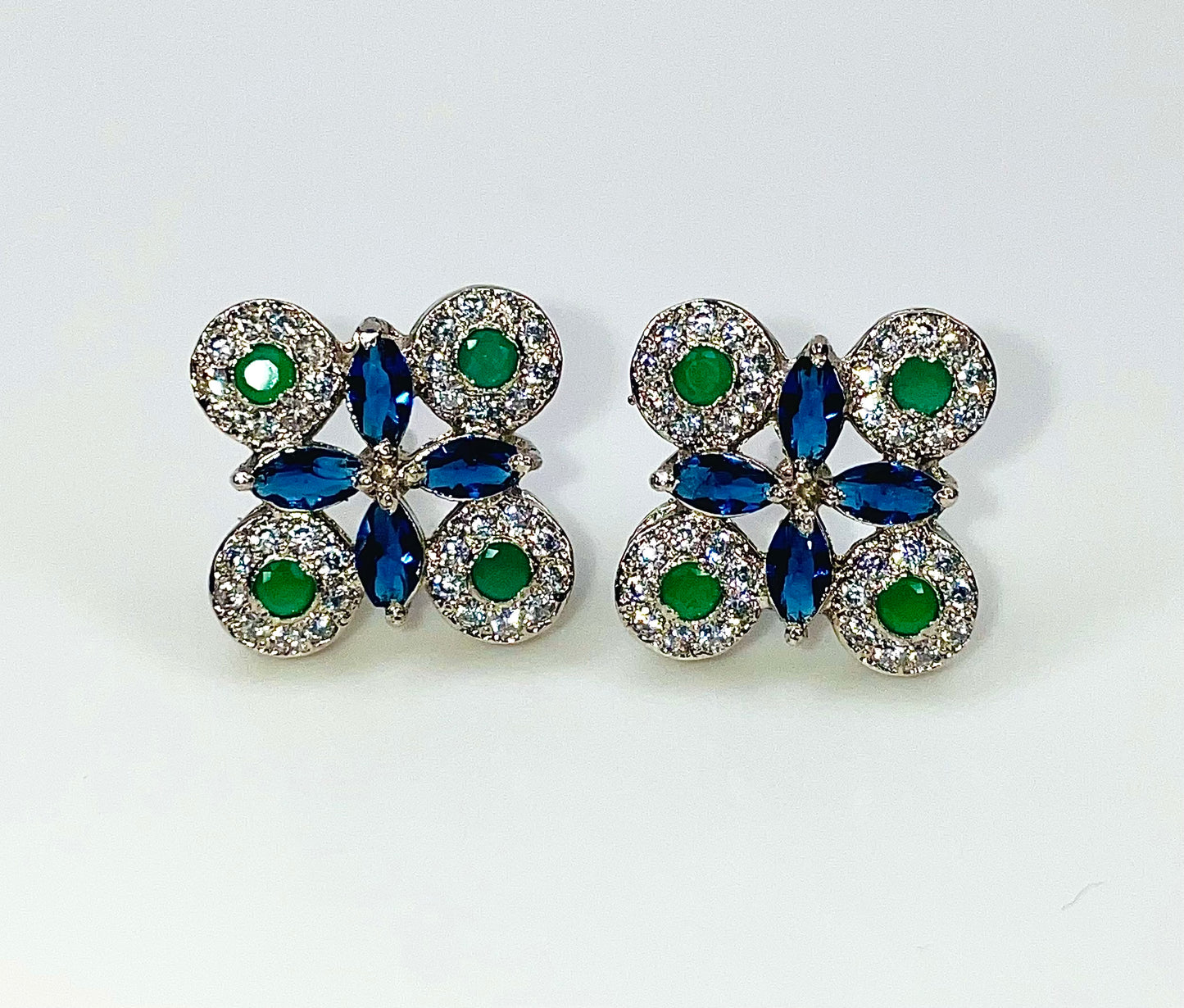 Two Tone Green And Blue Rhodium Plated Earrings
