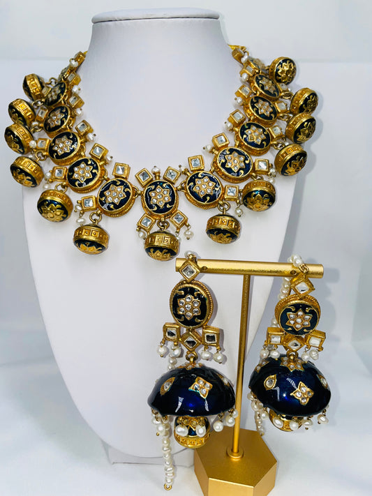 Deep Blue Elegant Kundan And Pearls Set