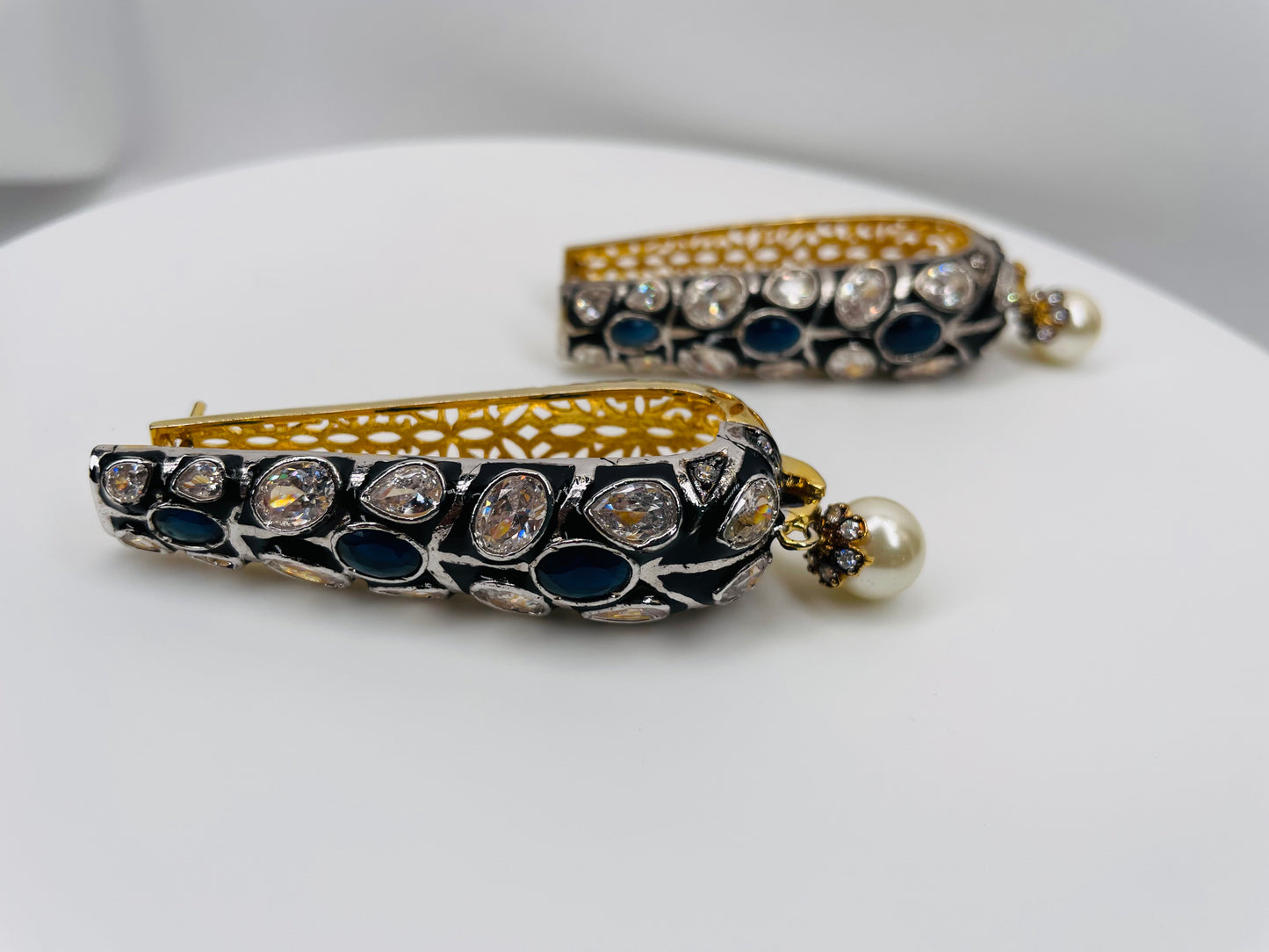 Gold Plated Sapphire And Kundan EARRINGS WITH PEARL DROP