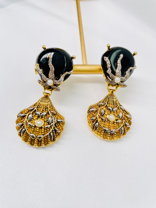 Gold and Black Seashell Earrings