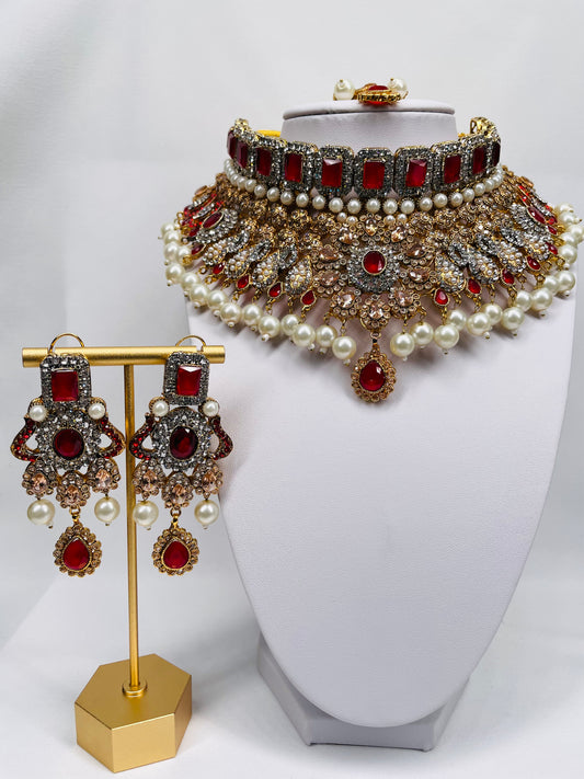 Ruby And Rose Gold Bridal Necklace Set