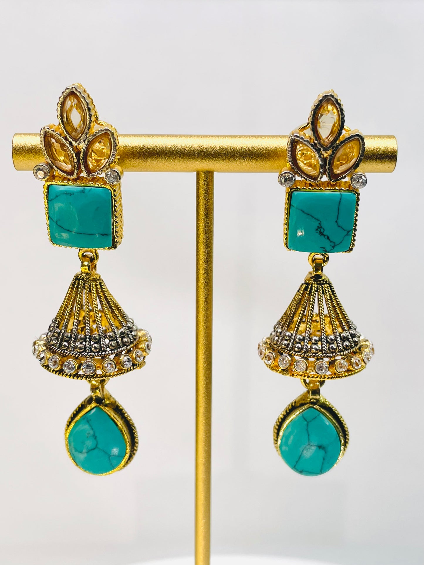 Handcrafted Gold And Turquoise Stone Earrings