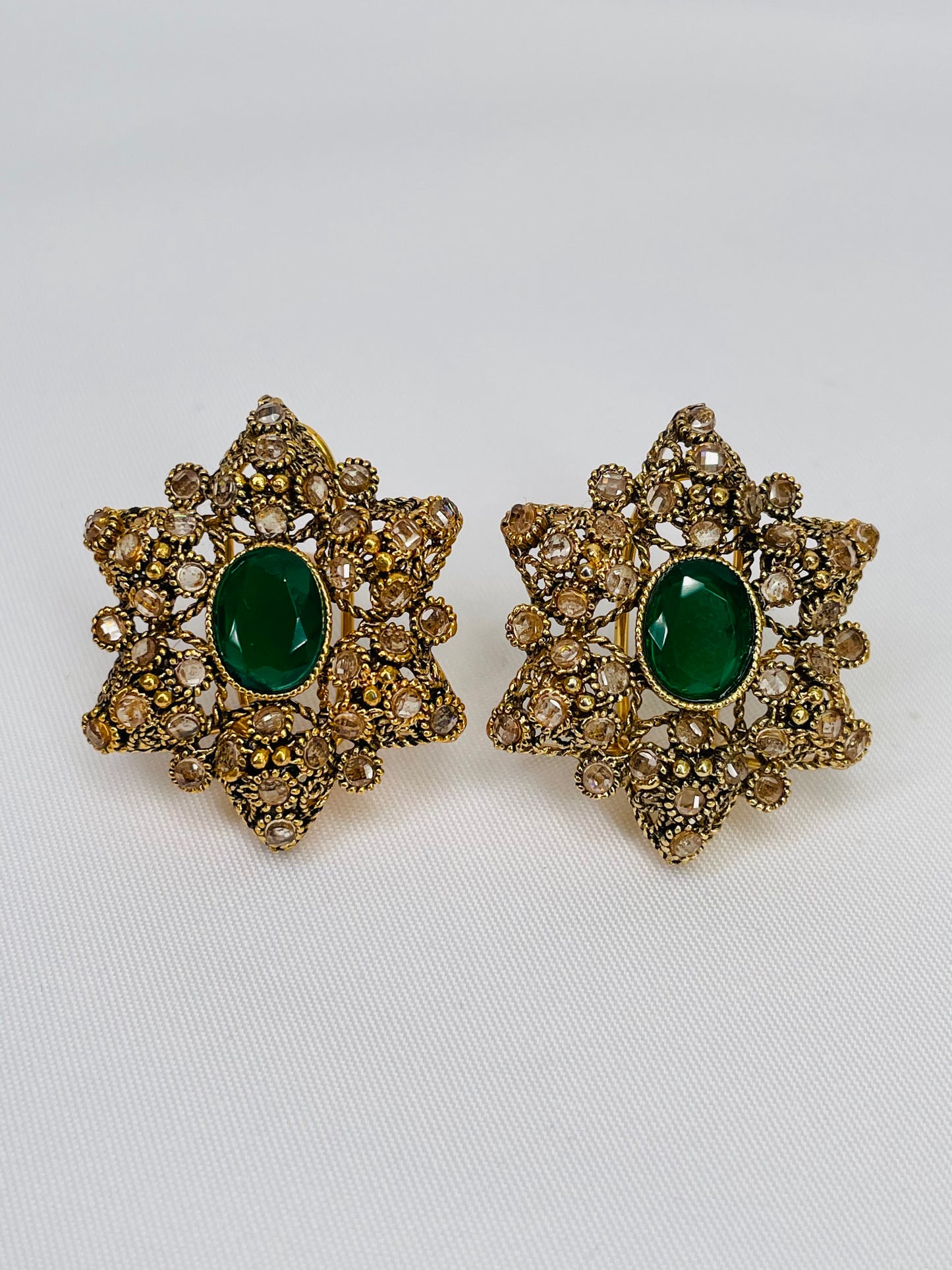 Antique Gold Star Shaped Emerald And Champagne Earrings
