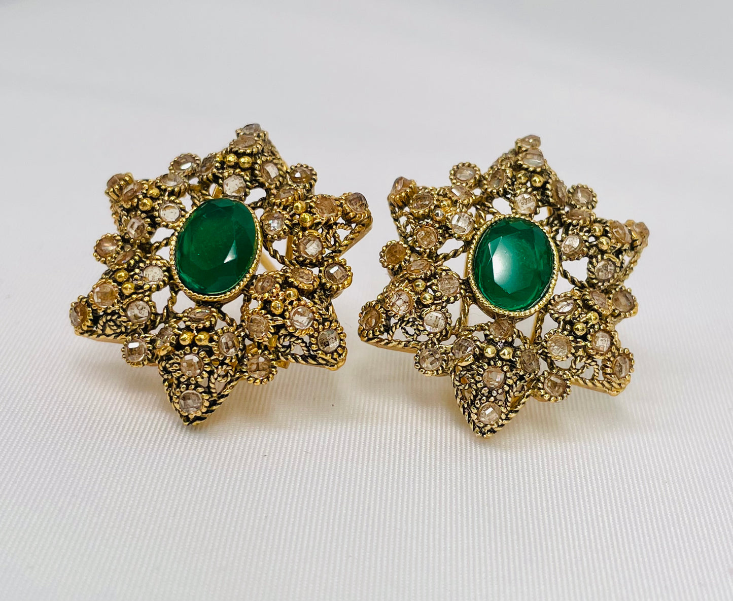 Antique Gold Star Shaped Emerald And Champagne Earrings