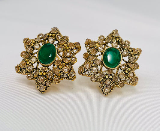 Antique Gold Star Shaped Emerald And Champagne Earrings
