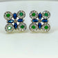 Two Tone Green And Blue Rhodium Plated Earrings