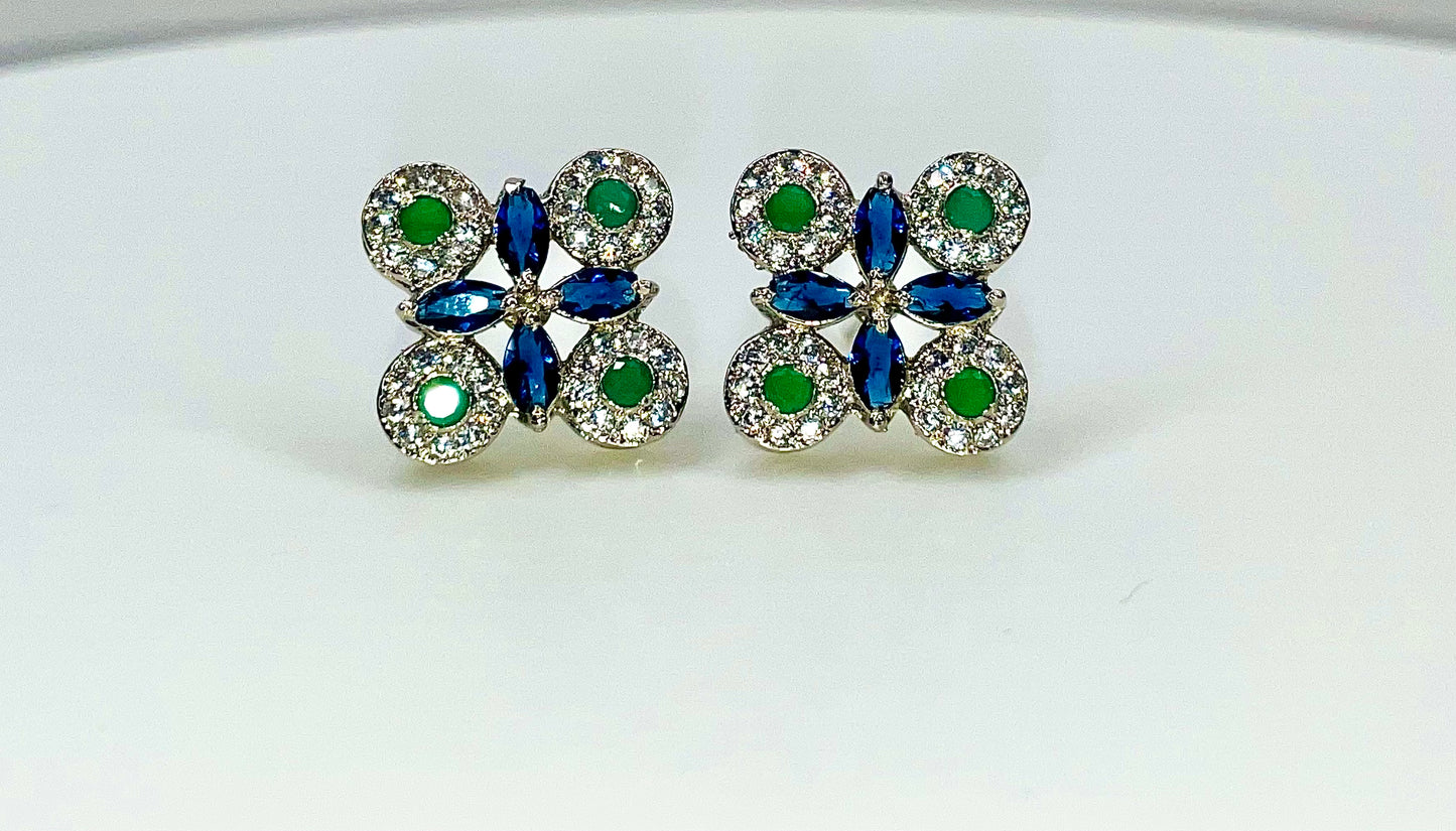 Two Tone Green And Blue Rhodium Plated Earrings