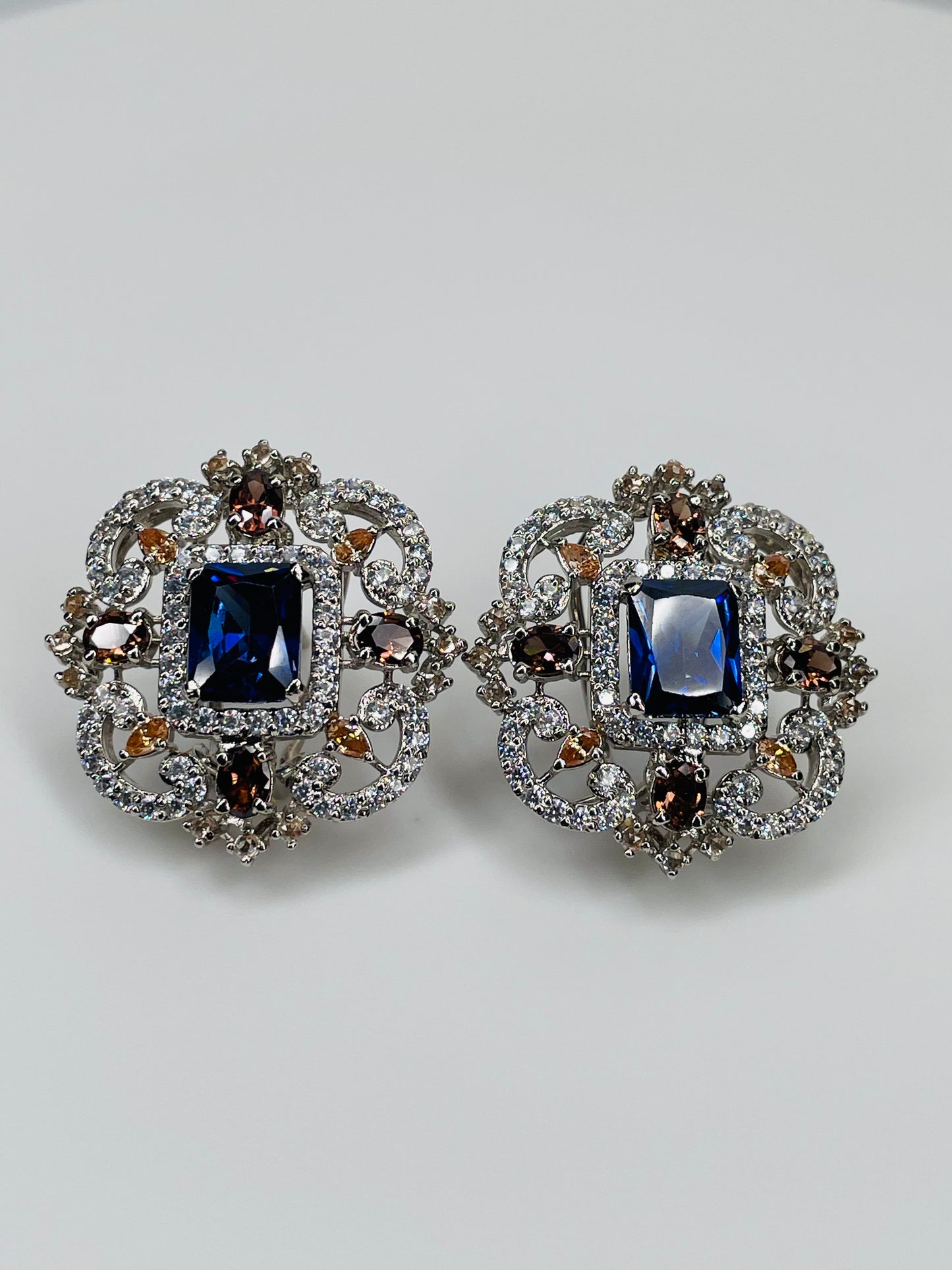 Sapphire and Cubic Zirconia Rhodium Plated Earrings